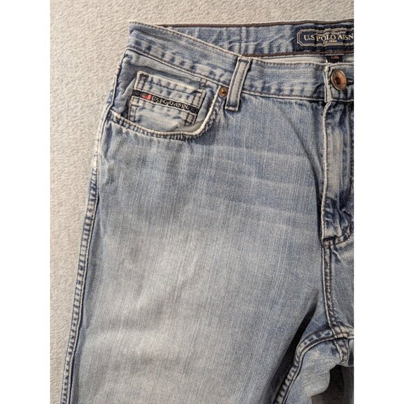 US Polo Assn Jeans Mens Size 34x32 Blue Distressed Relaxed Bootcut Whiskers - Picture 2 of 13